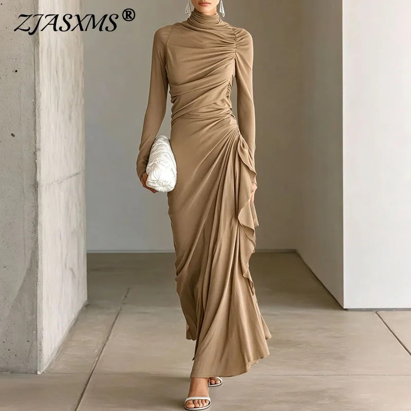 Damen Einfarbiges Rollkragen-Maxikleid Langarm Gerafftes Drapiertes Rüschen-Bodycon-Kleid Elegantes Abendkleid für Partys und Formelle Anlässe