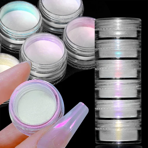 Imagen 2 del producto 6 cajas/juego Aurora perla blanco pigmento en polvo para uñas cromo blanco frotar en Nail Art brillo polvo pigmento brillante decoración de uñas