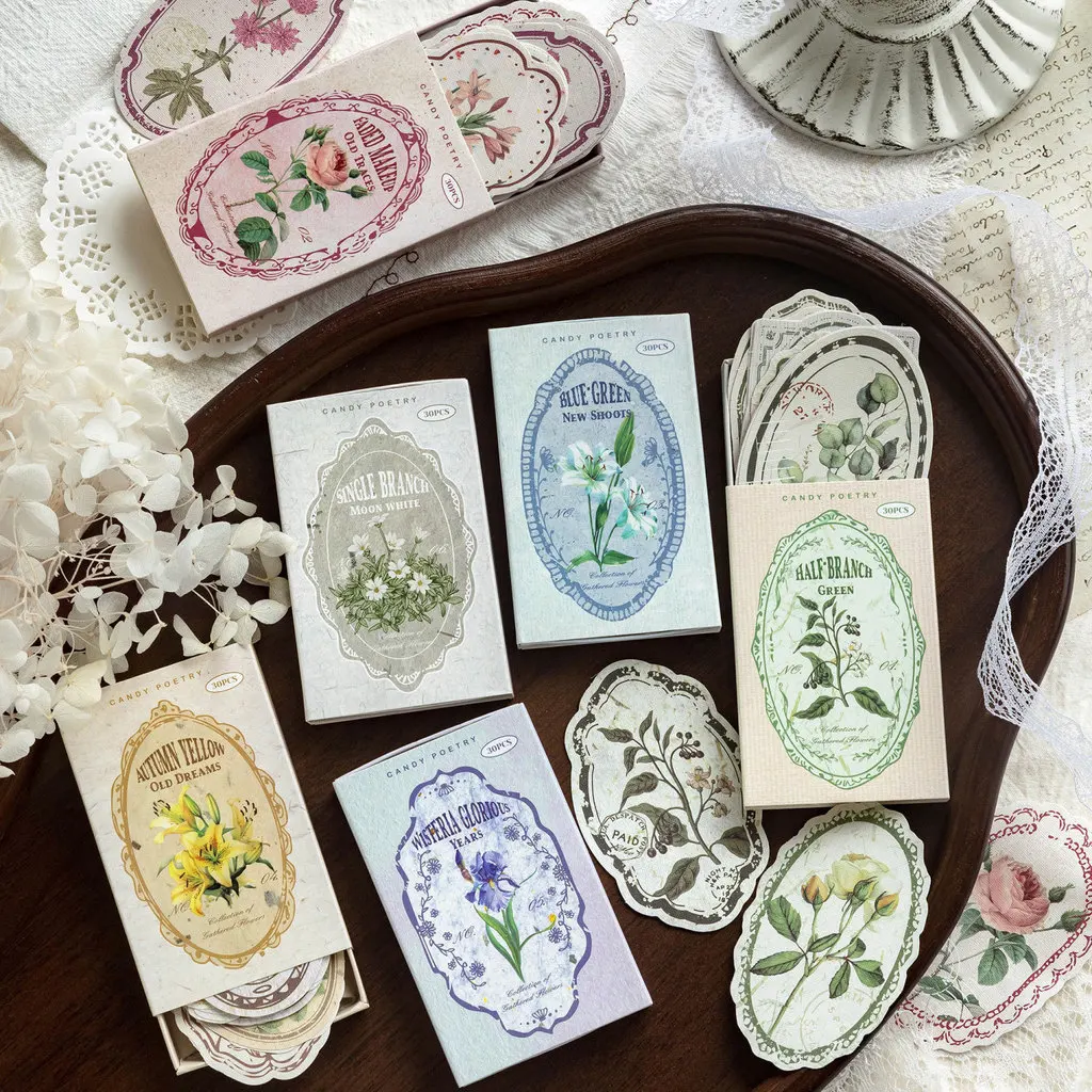 Journamm 30 Pcs Retro Label Box Stickers Writable Sealing Sticker Decoration Handbook Stickers Aesthetic Scrapbooking Supplies