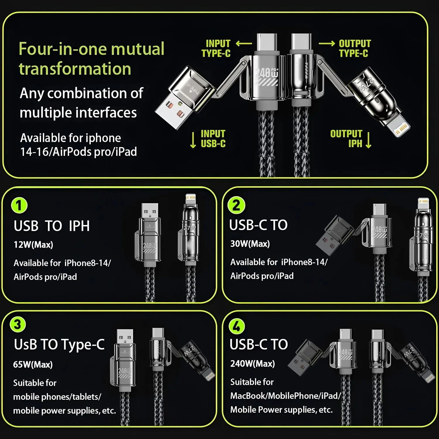 2-to-2 4-in-1 Data Cable: 240W Super Fast PD Charging, Zinc Alloy USB C to Lightning & Type C Universal Cord for Phones & Tablet