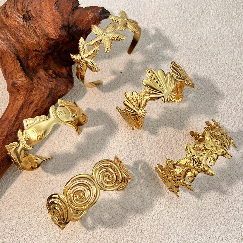 Vintage Ocean Lava Textured Starfish Fish Coral Bangle PVD Waterproof Gold Plated Vortex Star Bracelet Wrist Cuff Hand Jewelry