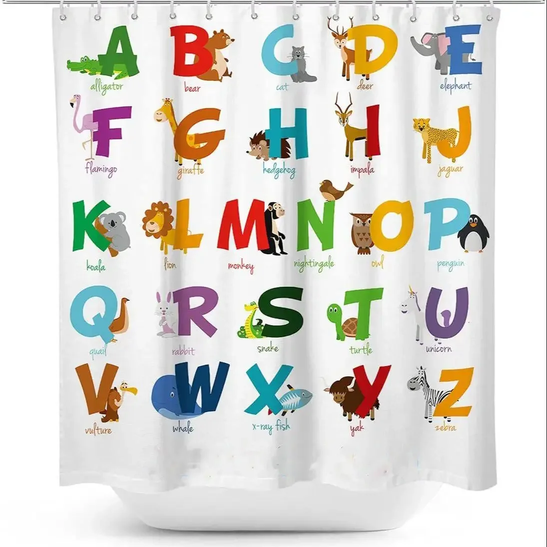 Cartoons Animals ABC Shower Curtain Alphabet Pattern Color Educational Learning Teaching Words Digital Number Children Kids Baby