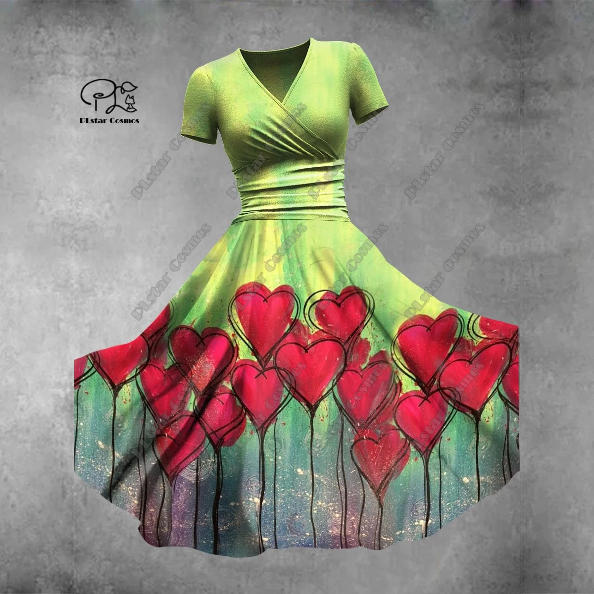 3D printed floral skirt Valentine's Day series printed V-neck short-sleeved dress A-line long skirt casual and fashionable  -7