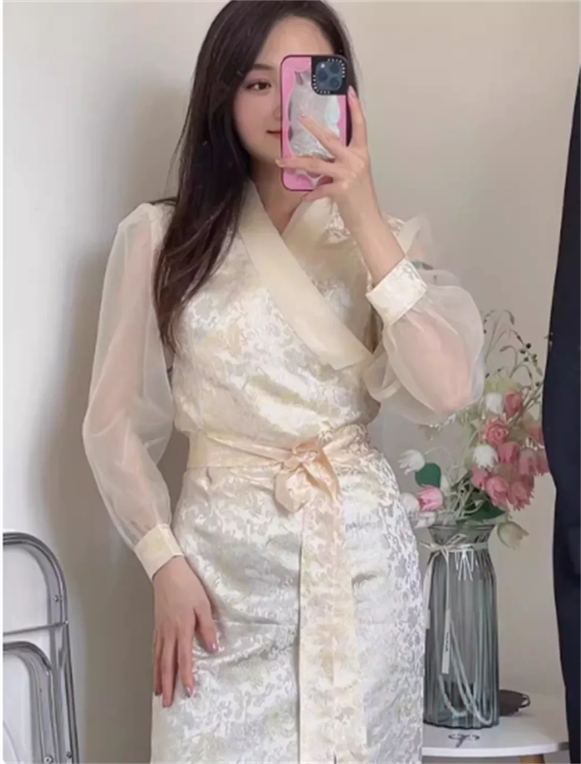 Spring and summer new Ougen yarn sleeve dress Bola long thin Xizang clothes