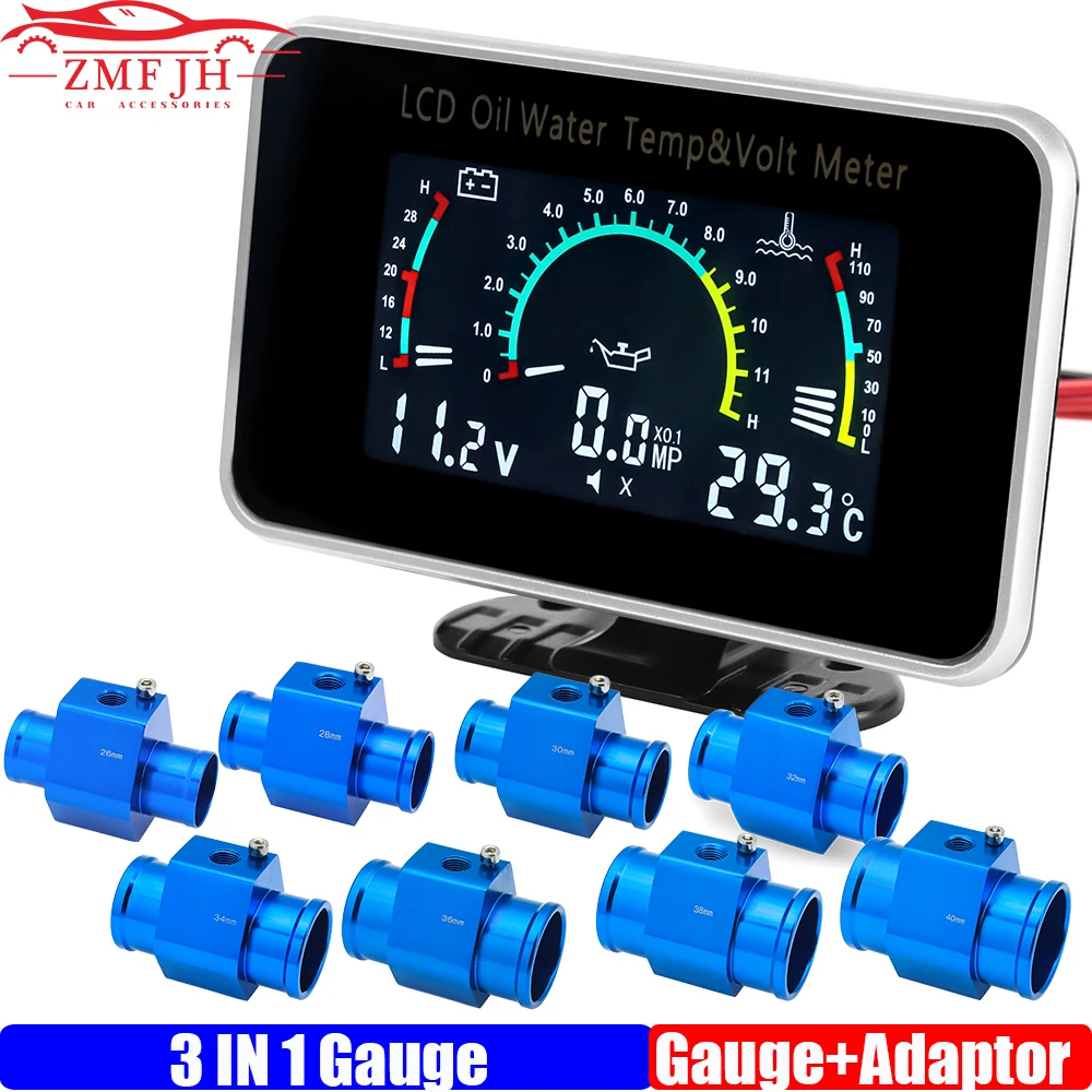 Oil Pressure+Voltmeter+Water Temp Gauge with Sensor Radiator Temperature Water Temp Joint Pipe Sensor 26MM-40MM Hose Adapter