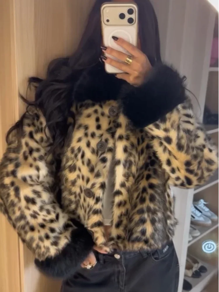 Chic Women Faux Fur Jacket Cropped Leopard Contrast Black Fur Collar Cuff Button Short Furry Women's Coat Winter Outerwear New