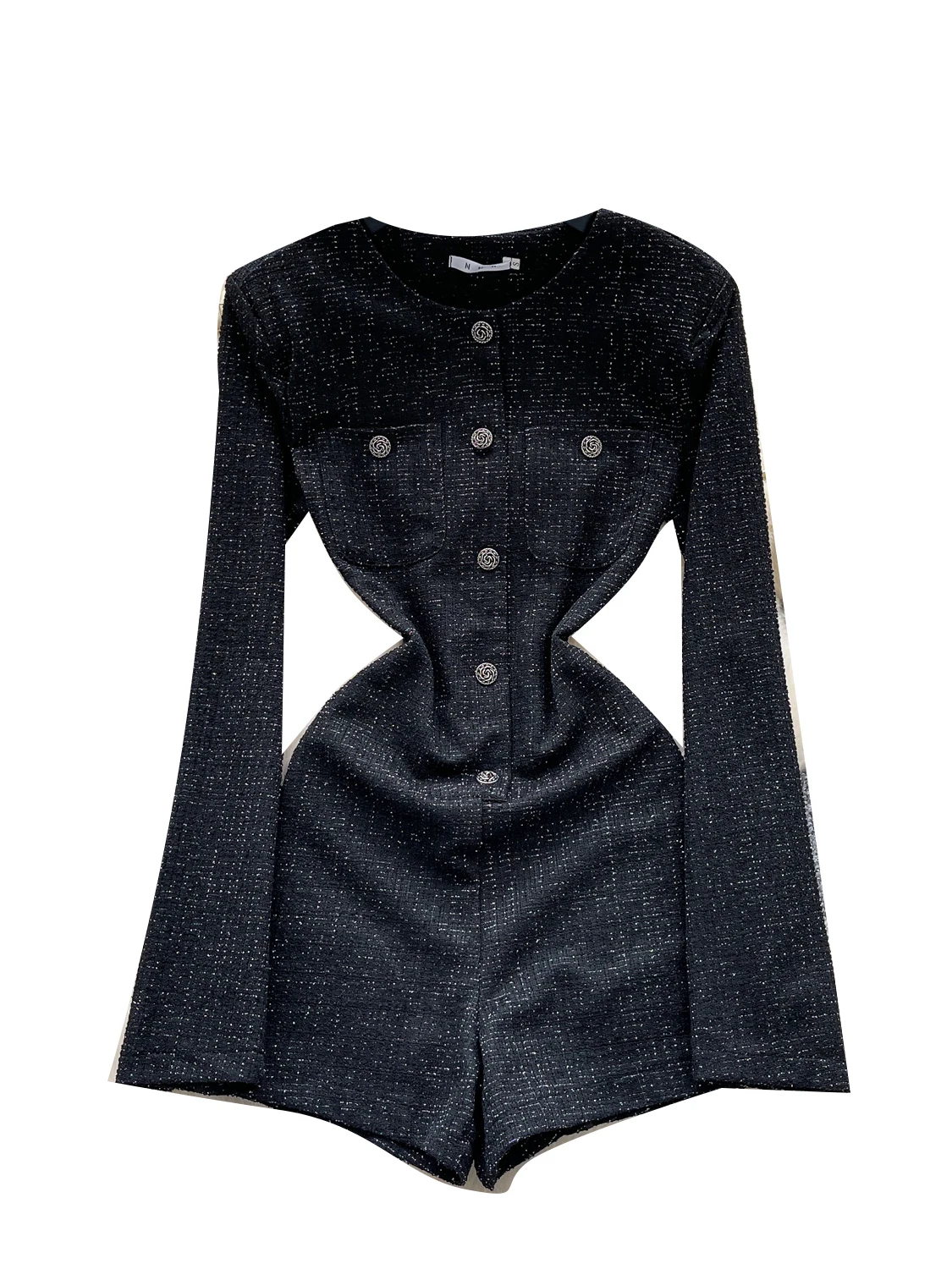  round Ne Long Sve Jumpsuit Women's Autumn Winter Faion Metal Bule Plaid ature Lady Ci Commute Dr