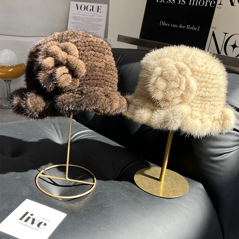 Topi Bulu Mink Asli 100% untuk Wanita, Topi Bucket Musim Dingin Penghangat, Topi Bulu Mink Asli Rajutan Alami Mewah untuk Wanita