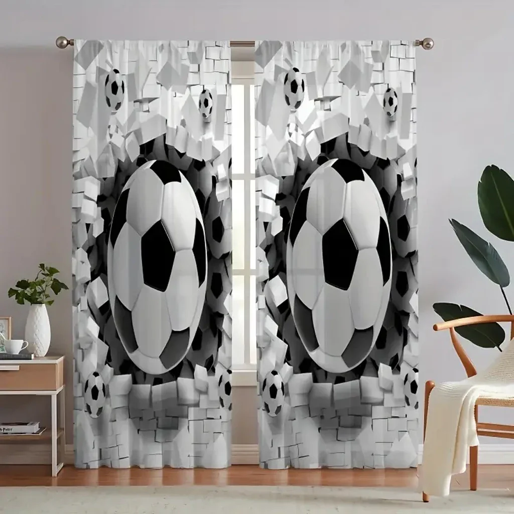 Football Breaks Through the Wall 3D Printed Semi-shading Polyester Thin Curtain for Kids Adults Bedroom Living Room Home Decor