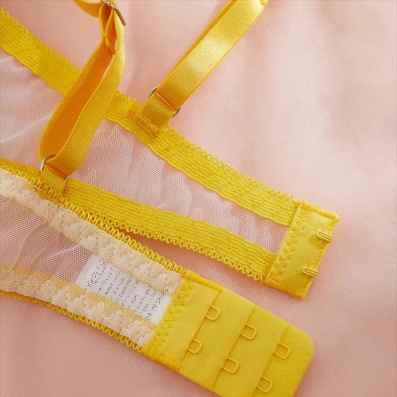 Doce floral renda lingerie conjunto para mulher fada amarelo bordado sutiã e calcinha define luxo íntimo erótico bela roupa interior