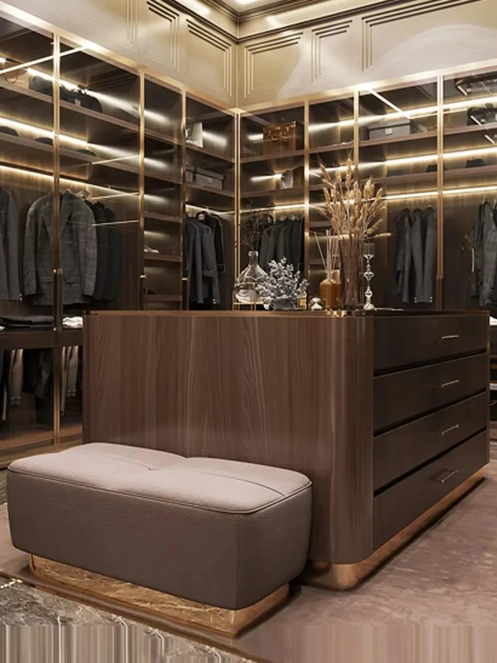 Integrated island vanity cabinet in the middle of walk-in closet all-in-one island dressing table custom marble countertop