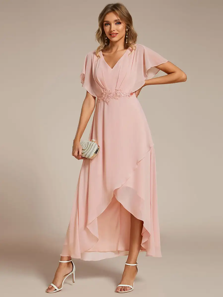 

Classic Evening Dresses Appliques High-low Short Sleeves Floor length 2025 Ever Pretty of Chiffon Pink Formal Evening Dress