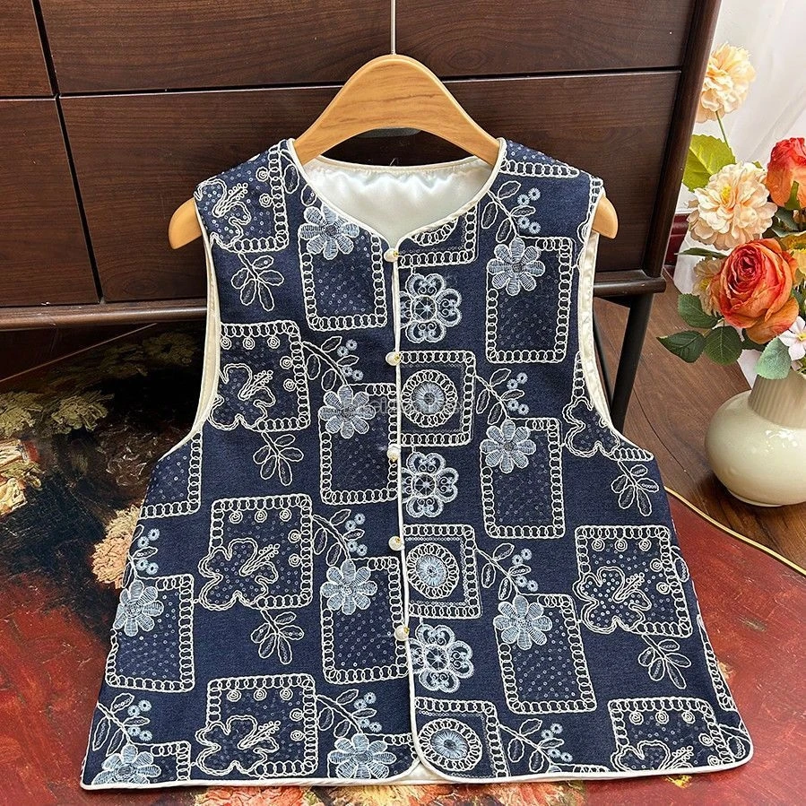 

2025 summer sequined chinese improved retro fashion style embroidered denim printed vest sleeveless casual women daily vest top
