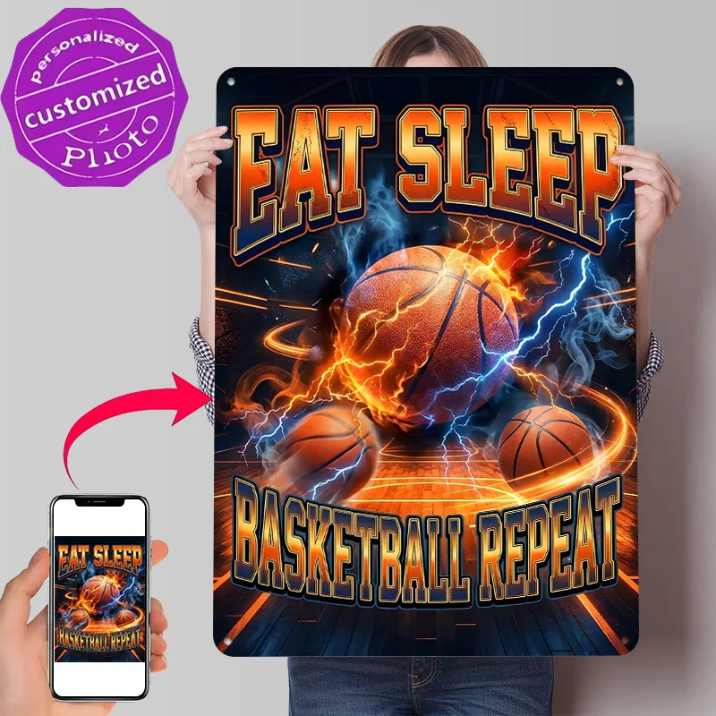 Eat Sleep Basketball Repeat Graphic 3D Printed Texture Poster Personalized Wall Art Retro Metal Tin Signs for Decoration Garage