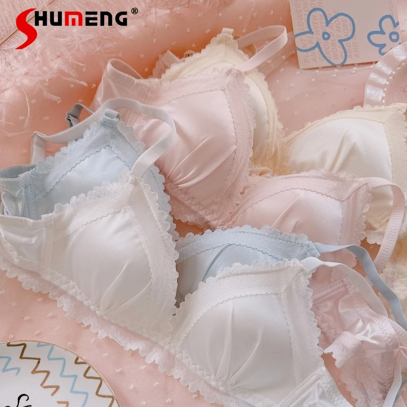 サテンフレンチレースブラセット女性用ソフトシンプル小胸ブリーフスーツ女性和風甘いかわいいセクシーな下着