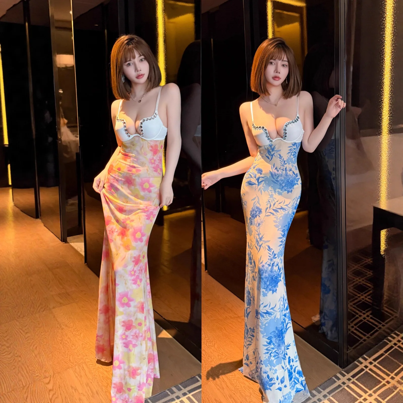 

Sexy Evening Fi Tail Long Dr Blue And White Porcelain Print Me Elastic Fabric Built in Gathered Underwear Long Dr