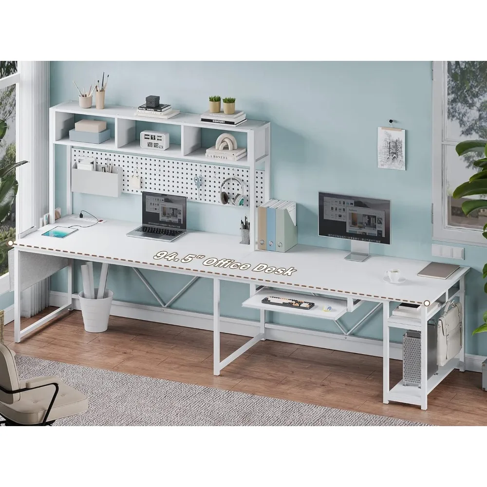 

White L Shaped Gaming Desk, Reversible Corner Desk with Power Outlet and Pegboard, White Computer Desks