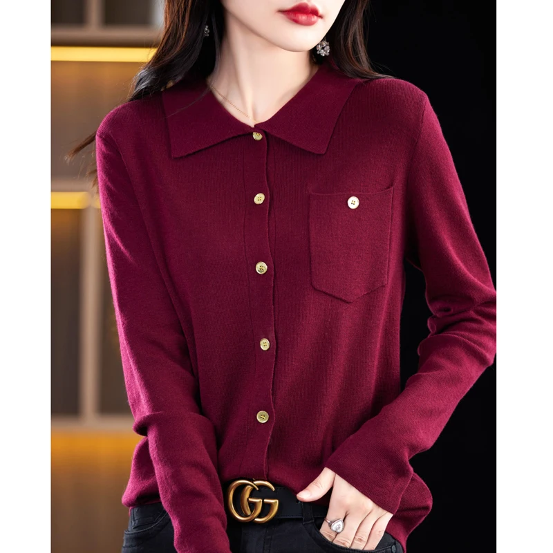 Autumn Winter New Wool Cardigan Women's Polo Neck Long Sleeve Solid Lmitation Wool Loose Pocket Small Fragrance Knitted Cardigan