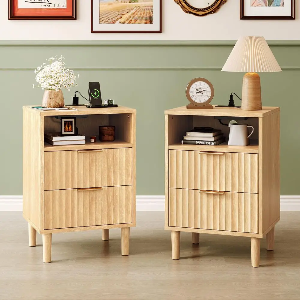 

Fluted Nightstands Set of 2 with Charging Station, Wood Nightstand 2 Drawer, Mid Century Modern Nightstands for Bedroom, Fluted