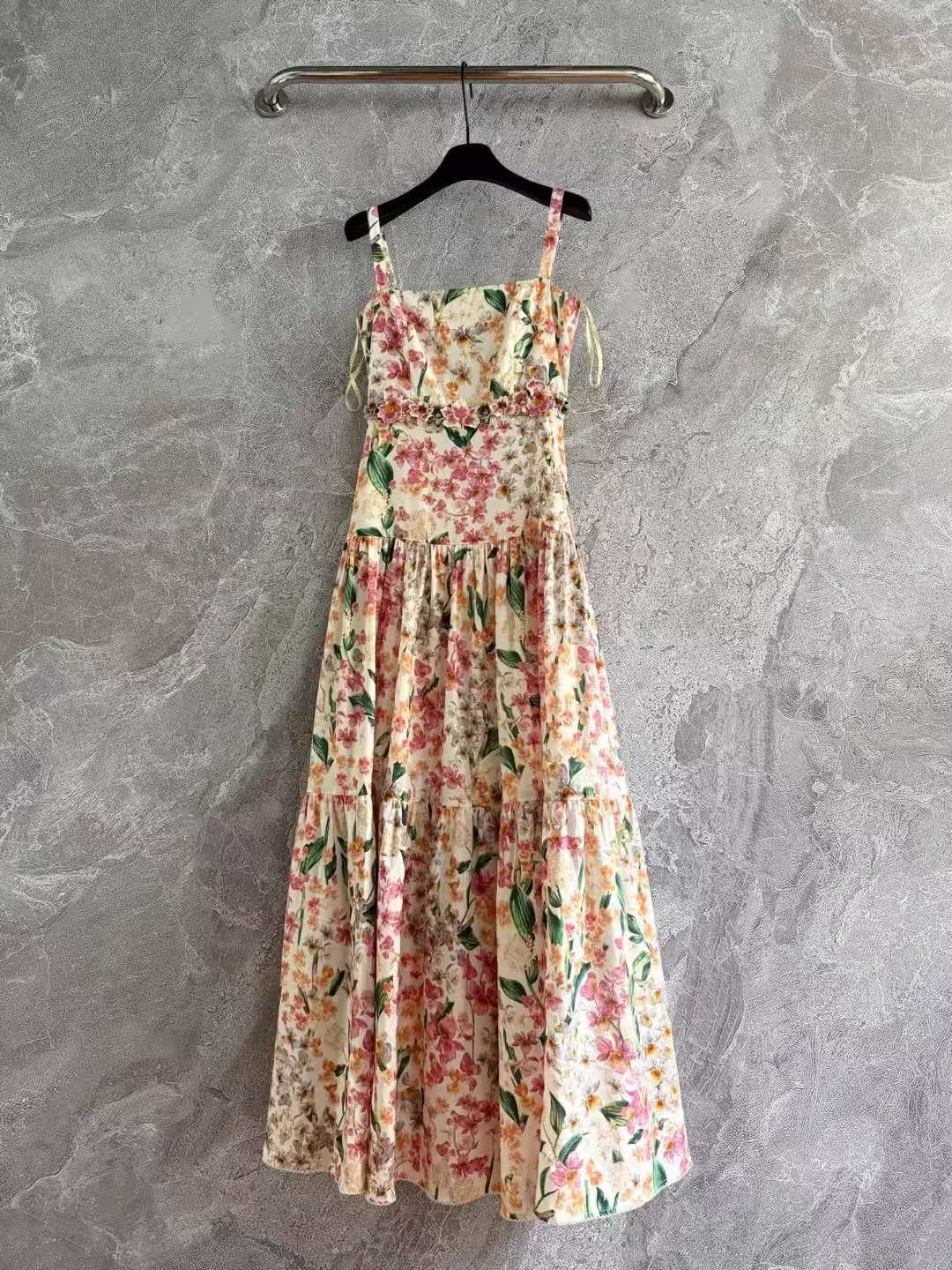 2025 New Ladies 3D Flower Appliqeus Long Dress Pink Flower Print Square Collar High Waist Holiday Female 100% Linen Sling Robe