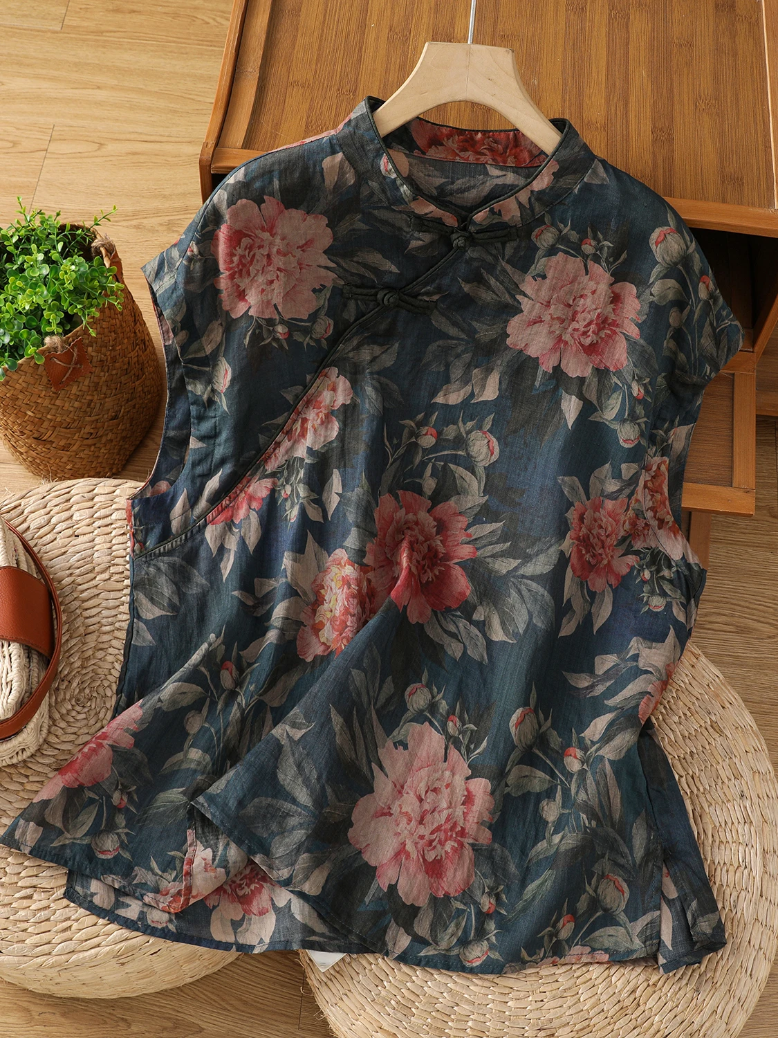 

Художественный хлопковый льняной женский летний топ свободного кроя с воротником-стойкой и боковыми пуговицами с принтом в этническом стиле