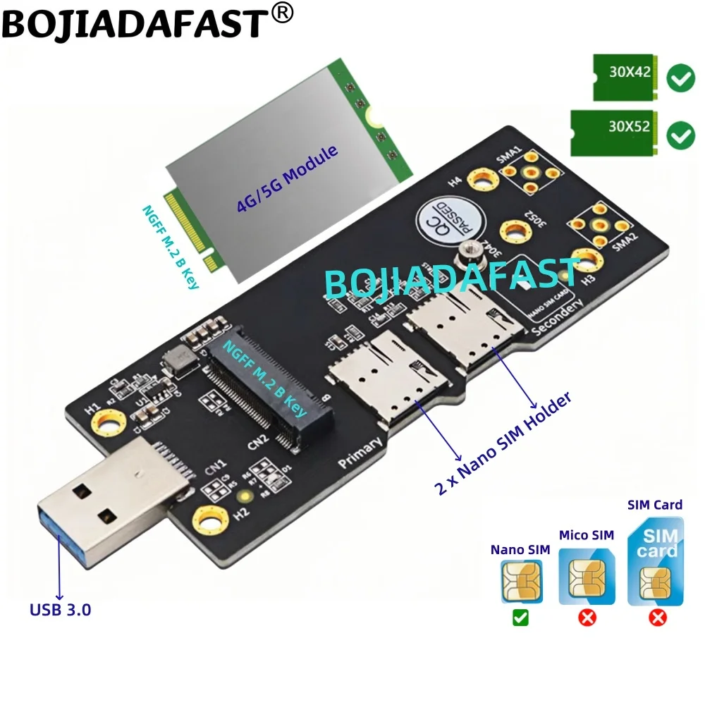 USB 3.0 Connector To NGFF M.2 Key-B Wireless Adapter With 2 NANO SIM Card Holder For 5G 4G LTE WWAN Module Modem