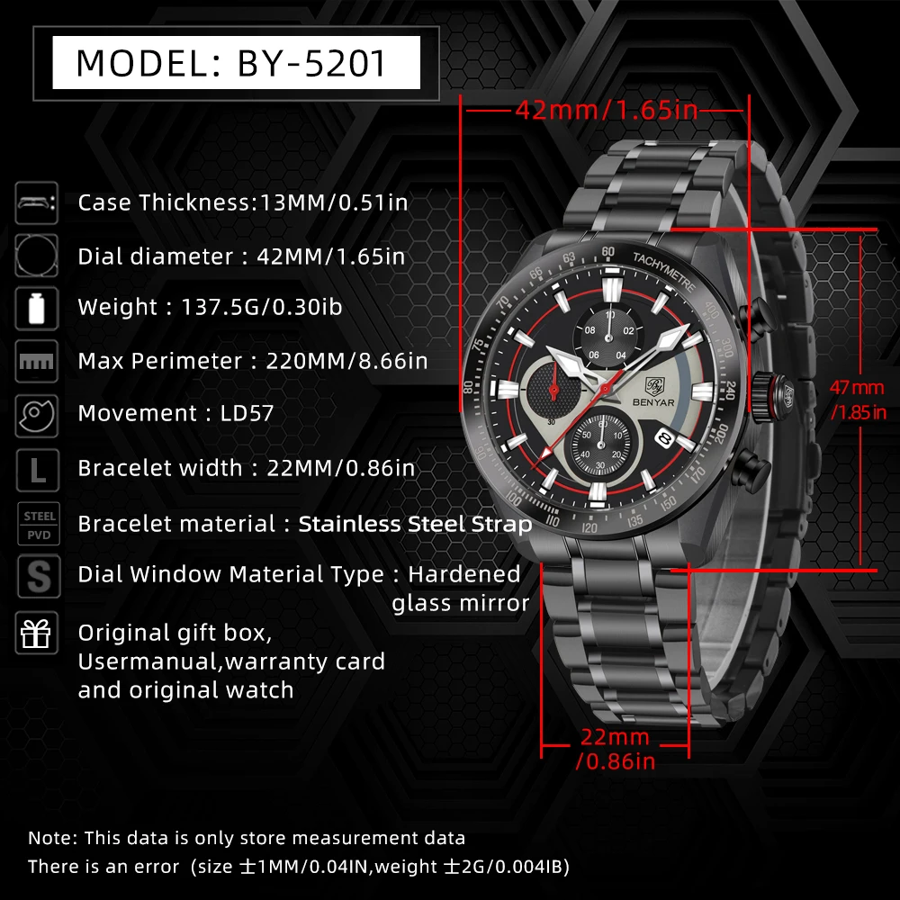 2023 BENYAR New Men Quartz Wristwatch Stainless Steel High-end Chronograph Watch for Men Leisure Time Sports Waterproof Clock