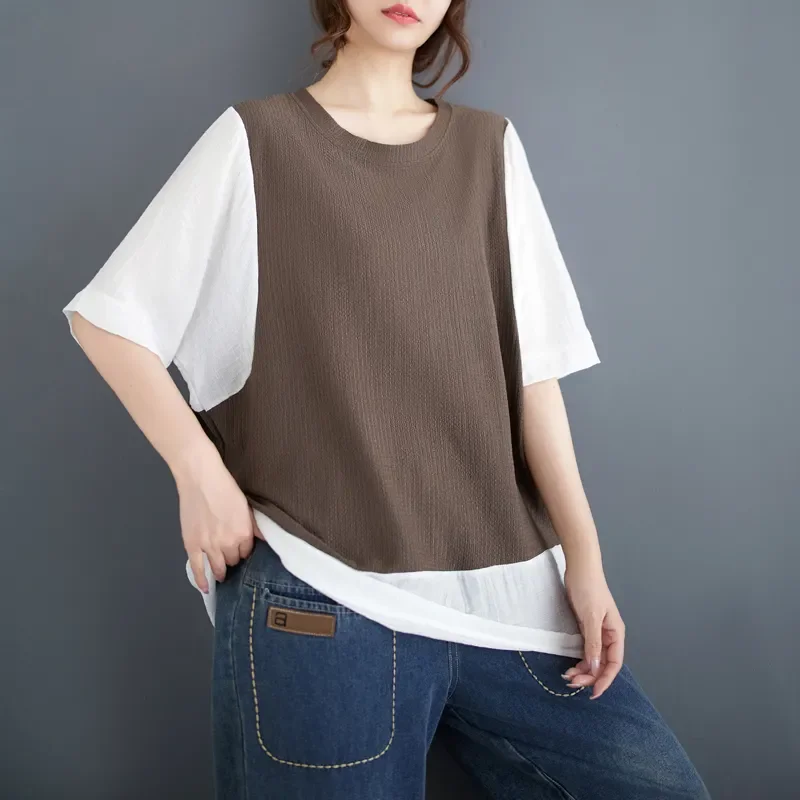 Top da donna finto in due pezzi a contrasto lavorato a maglia e lino manica corta vestibilità ampia casual comoda camicetta multicolore quotidiana estiva