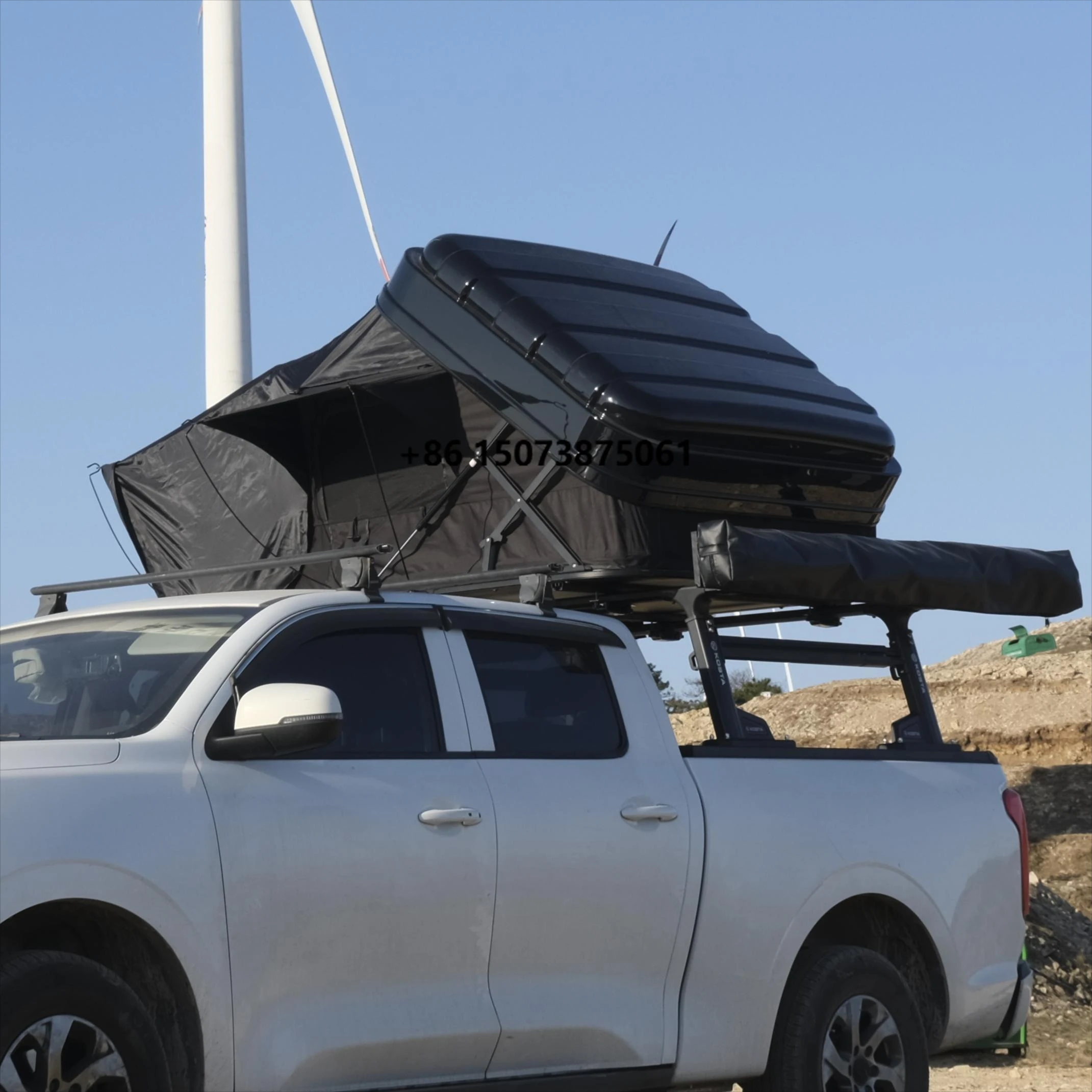 Camping Outdoor Roof Tent 4 Person Fold Out 2xl Hard Shell Aluminum Rooftop Tents Side Opening Hybrid Roof Top Tent with Rack
