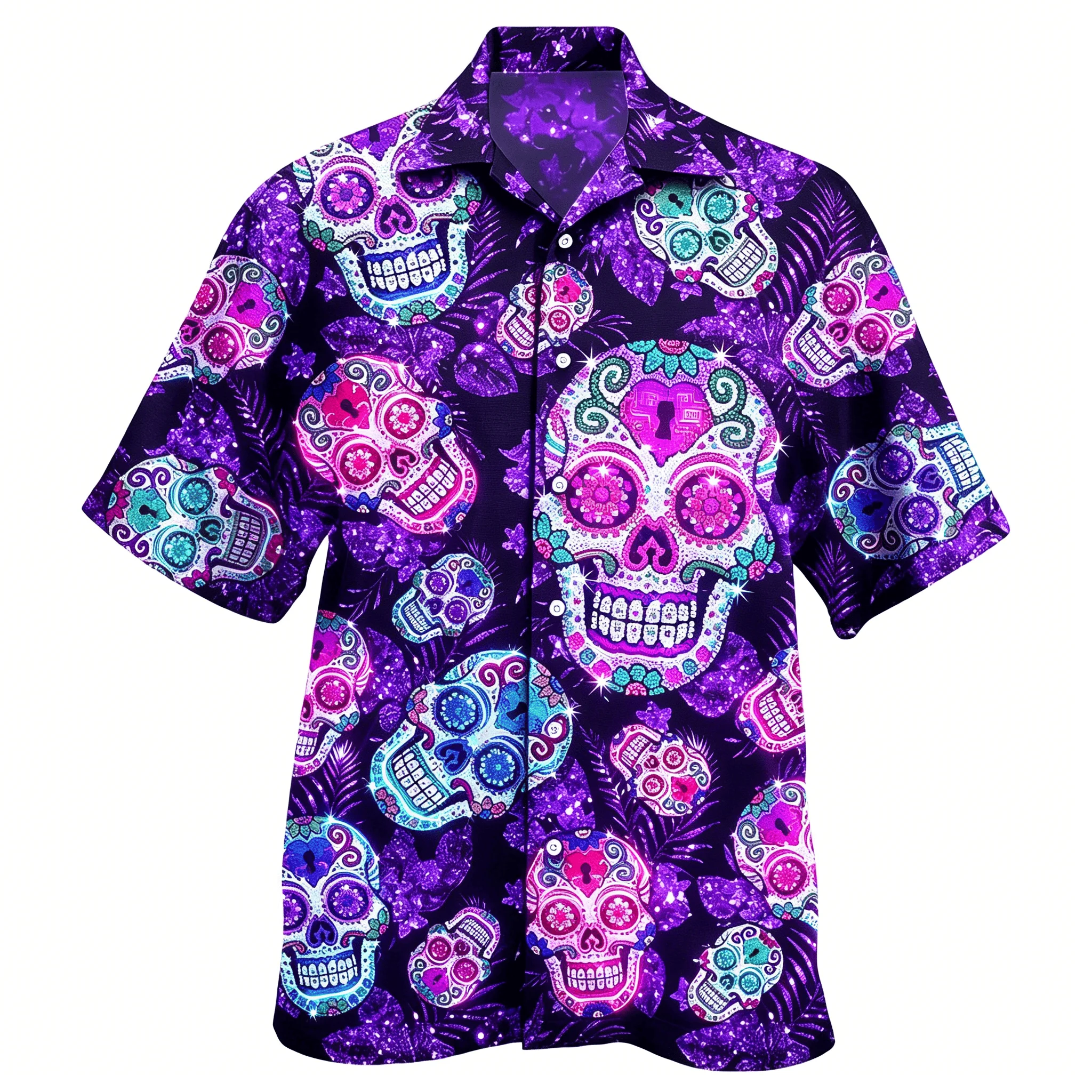 

Men's Sugar Skull Print Short Sleeve Shirt, Mexican Day of the Dead Pattern, Casual Summer Hawaiian Style for Men