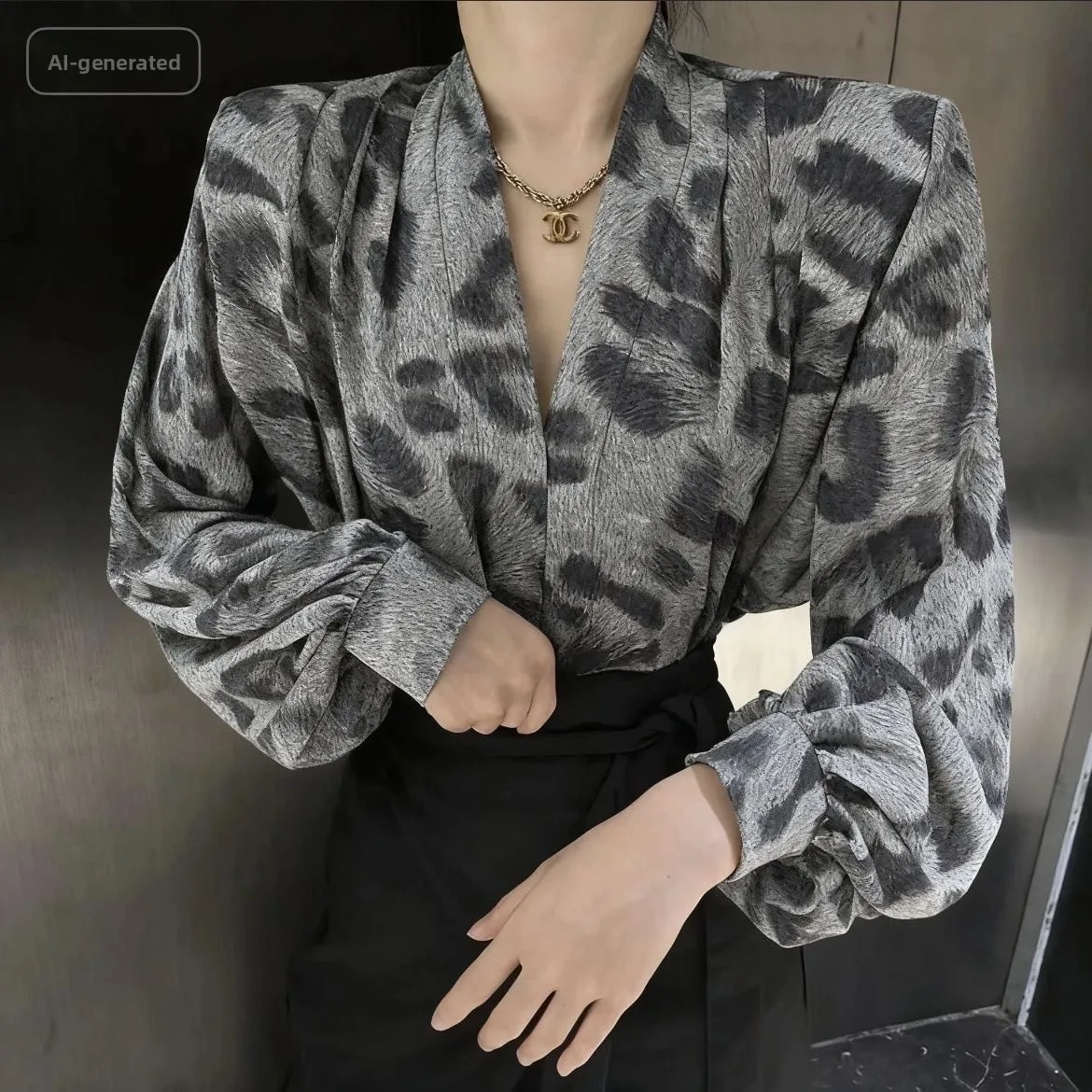 Faionable Retro Hong Kong Sle Floral Irt Loose Long Sve Deep V Ne Lantern Sve Women's Comfortable Breathable Po...