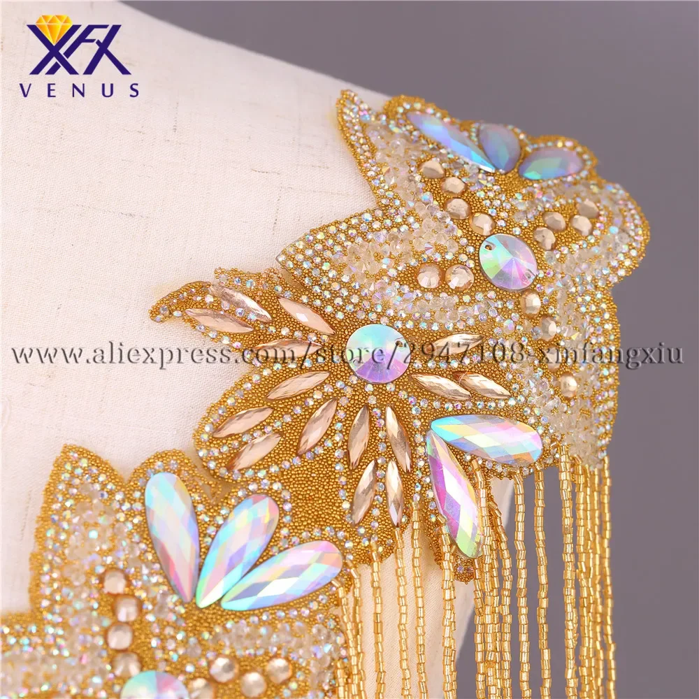 XFX VENUS Hot Sale New Wedding Embroidered Crystal Beaded Tassels Collar Appliques Multicolor Deep-V Neck Flower for Accessories