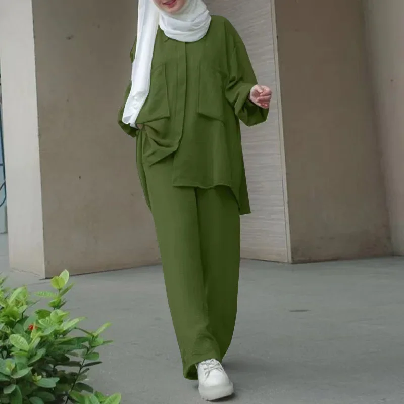 Ramadan Muslim Long Sleeve Patch Pocket Sets, Conceal Door Tube, Dye Buckle Ensembles, Elastic Belt Trousers Sets, 2022