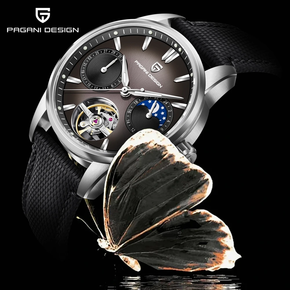 PAGANI DESIGN Watches2025 New Skeleton Tourbillon Mechanical Watch For Men Stainless Steel Moon Phase Automatic Chronograph Gift