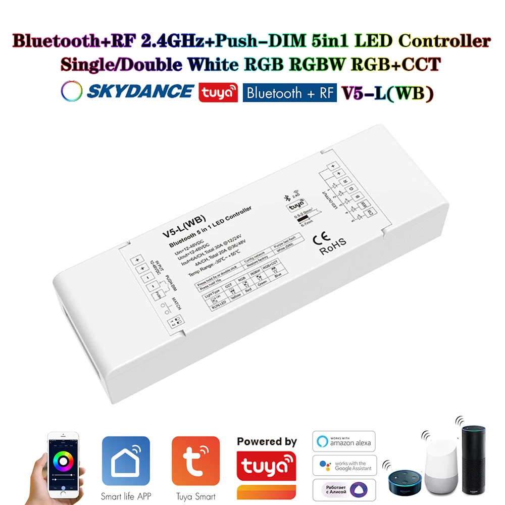 

Skydance V5-L(WB) DC12-48V Bluetooth+2,4 ГГцRF+Push-DIM 5в1 Smart Tuya Контроллер для одинарных/двойных белых RGB RGBW RGB+CCT Strip