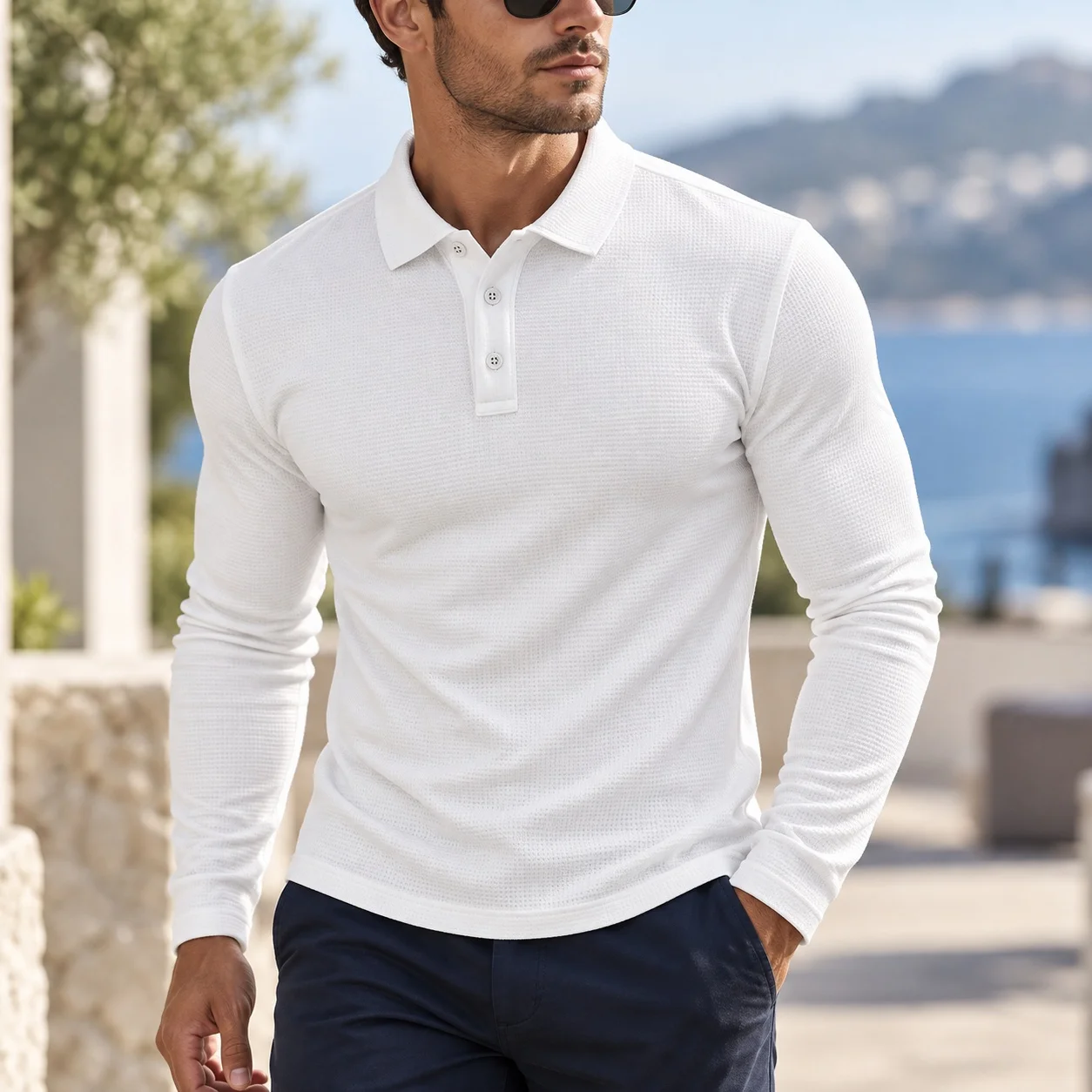 Long Sleeve Casual Polo Shirt Slim Fit Light Mature Casual with Button Placket Turn Down Collar Patchwork Intarsia for Men