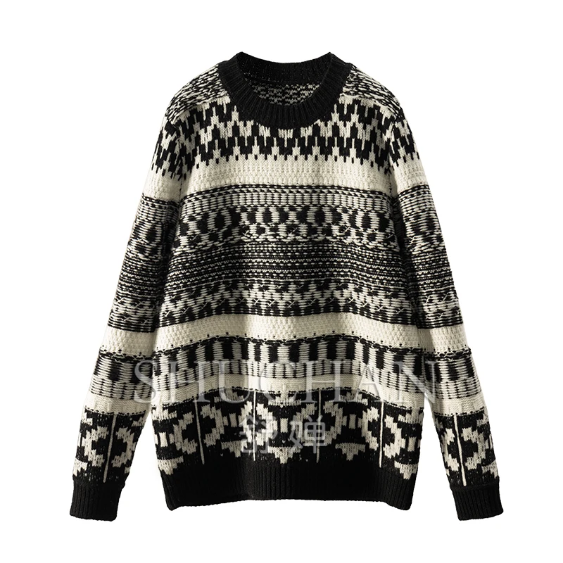 

South France Romantic, Black and White Contrasting Color 100 Wool Crew Neck Long Sleeve Sweater Women Pullover