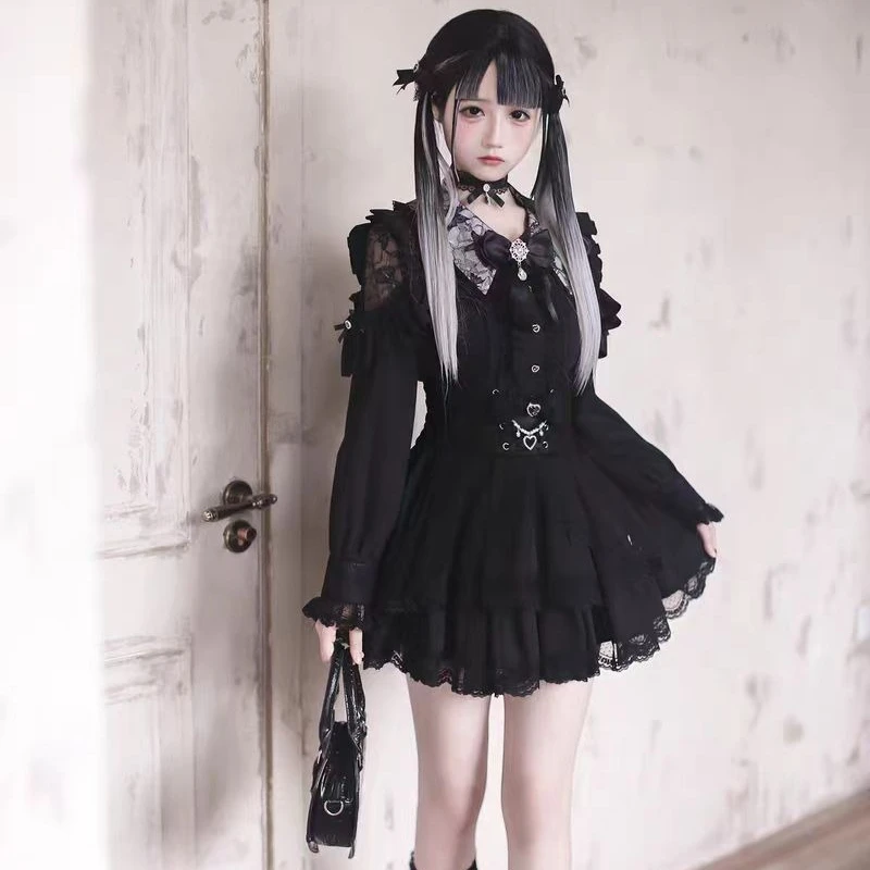 2026 Japanese Kawaii Lolita Skirt Sets Women Sweet Lace Off Shoulder Bow Blouse High Waist Mini Skirt Gothic Y2k JK Uniform Suit image 6