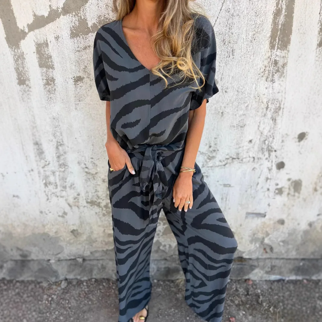 Set casual in due pezzi con stampa zebrata Moda primaverile Nuovo scollo a V a maniche corte Pullover con lacci Top Set di pantaloni a gamba larga in vita elastica