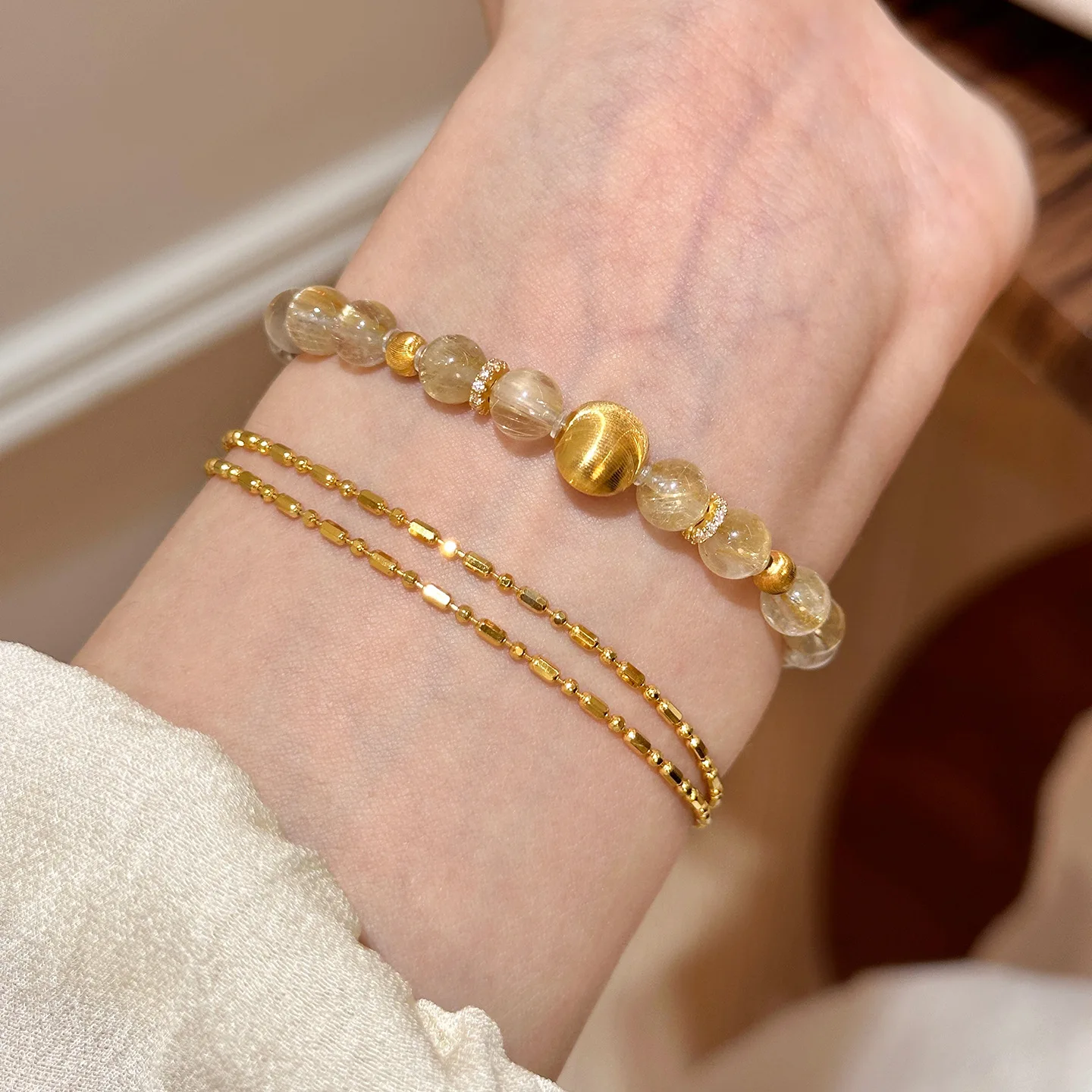 Natural Citrine Fine HandString Golden Rutilated Quartz Women’s Wealth-Attracting Amulet Lucky Wire Drawing Gold Beaded Bracelet