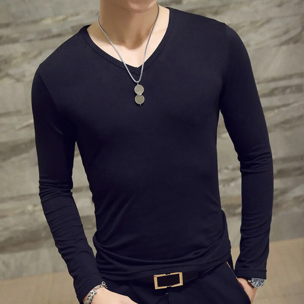 Kaus Leher V Slim Fit Pria Fashion Kasual Blus Atasan Lengan