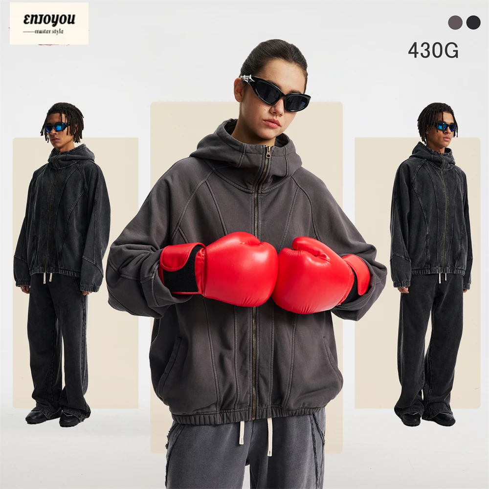 

ENJOYOU зимняя стираная хлопковая толстовка на молнии 430 г/м2 для мужчин, унисекс, тяжелое, с рваными рукавами реглан, лоскутное пальто с капюшоном HY1