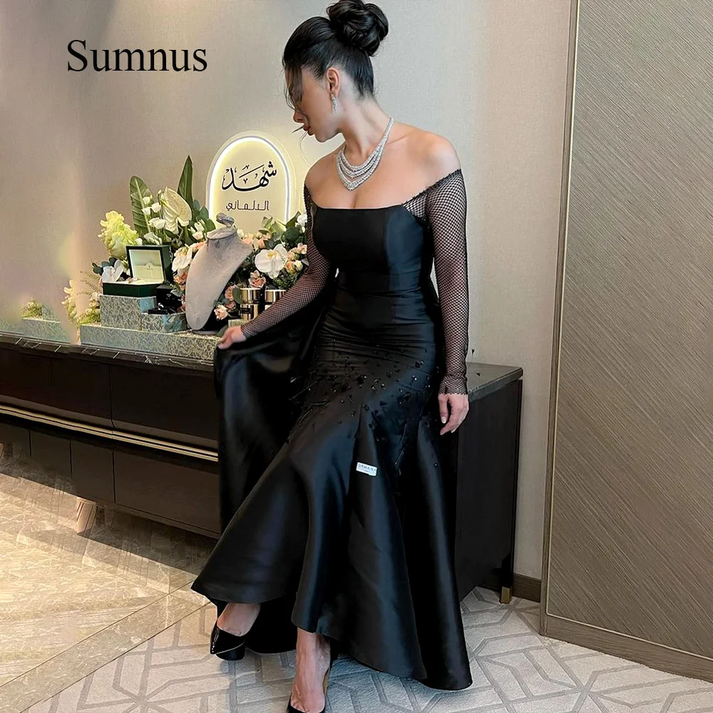 Sumnus-Black Mermaid Strapless Evening Prom Dresses, miçangas fora do ombro, cetim de manga comprida, árabe, Dubai Wedding Party Gowns, 2024