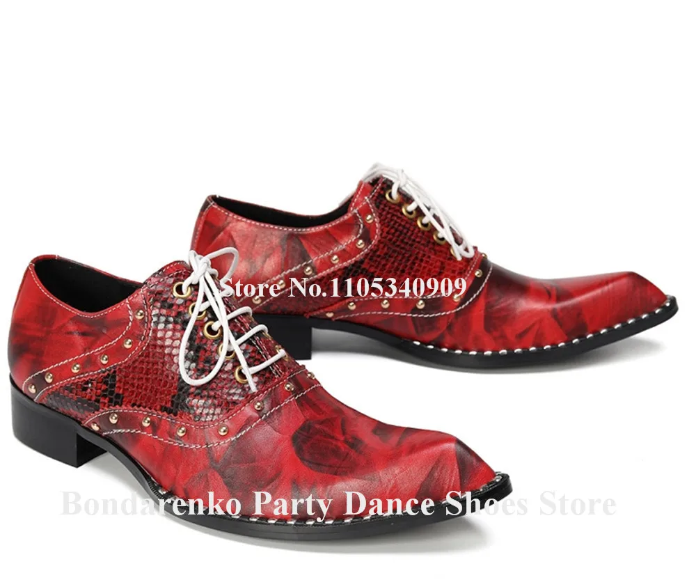 Bondarenko Men Red Snakeskin Pattern Leather Rivets Leather Shoes Pointed Toe Slip-on Studs Lace-up Dance Shoes