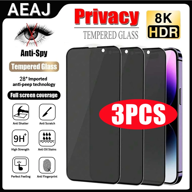 

3Pcs AEAJ 8K Privacy Screen Protector For iPhone 14 15 13 12 11 16 Pro Max Anti-spy Glass For iPhone 16E XR X XS MAX 15 16 Plus