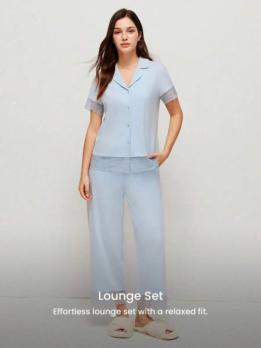 

Women Cotton Lace Trim Short Sleeve Button Up Loungewear Pajama Set With Pockets