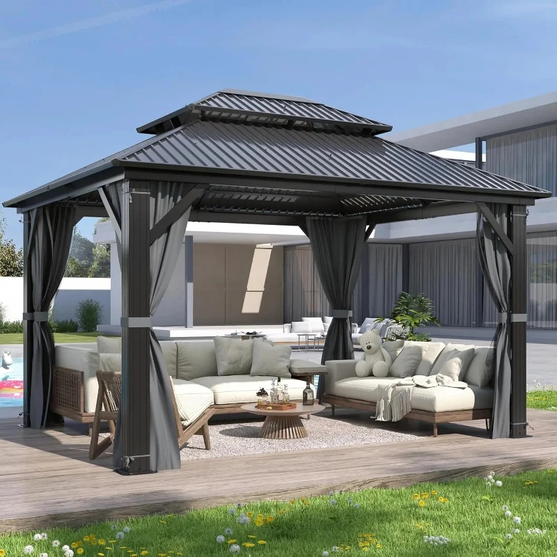 Outdoor Double Top Hardtop Gazebo - Heavy Duty Steel Top Aluminum Frame Gazebo