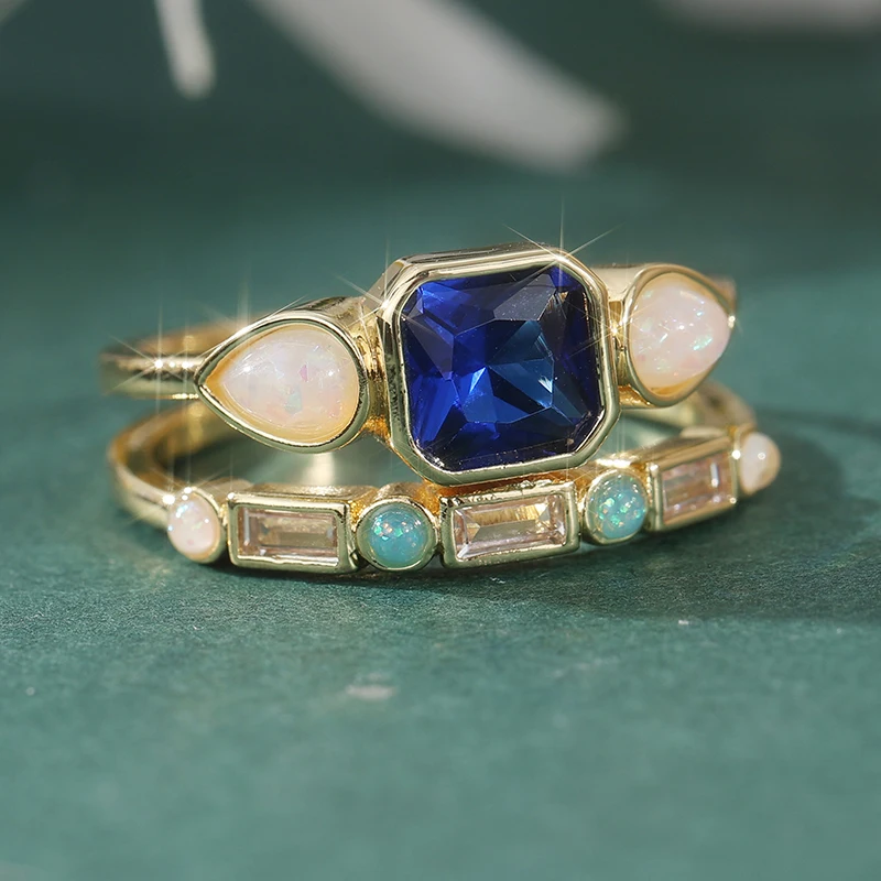 Eleganter Eingelegter Faux-Opan Blauer Zirkon Damenring Trendiger Goldfarbener Geometrischer Alltags- und Partyschmuck Jubiläumsgeschenk – Detail 3