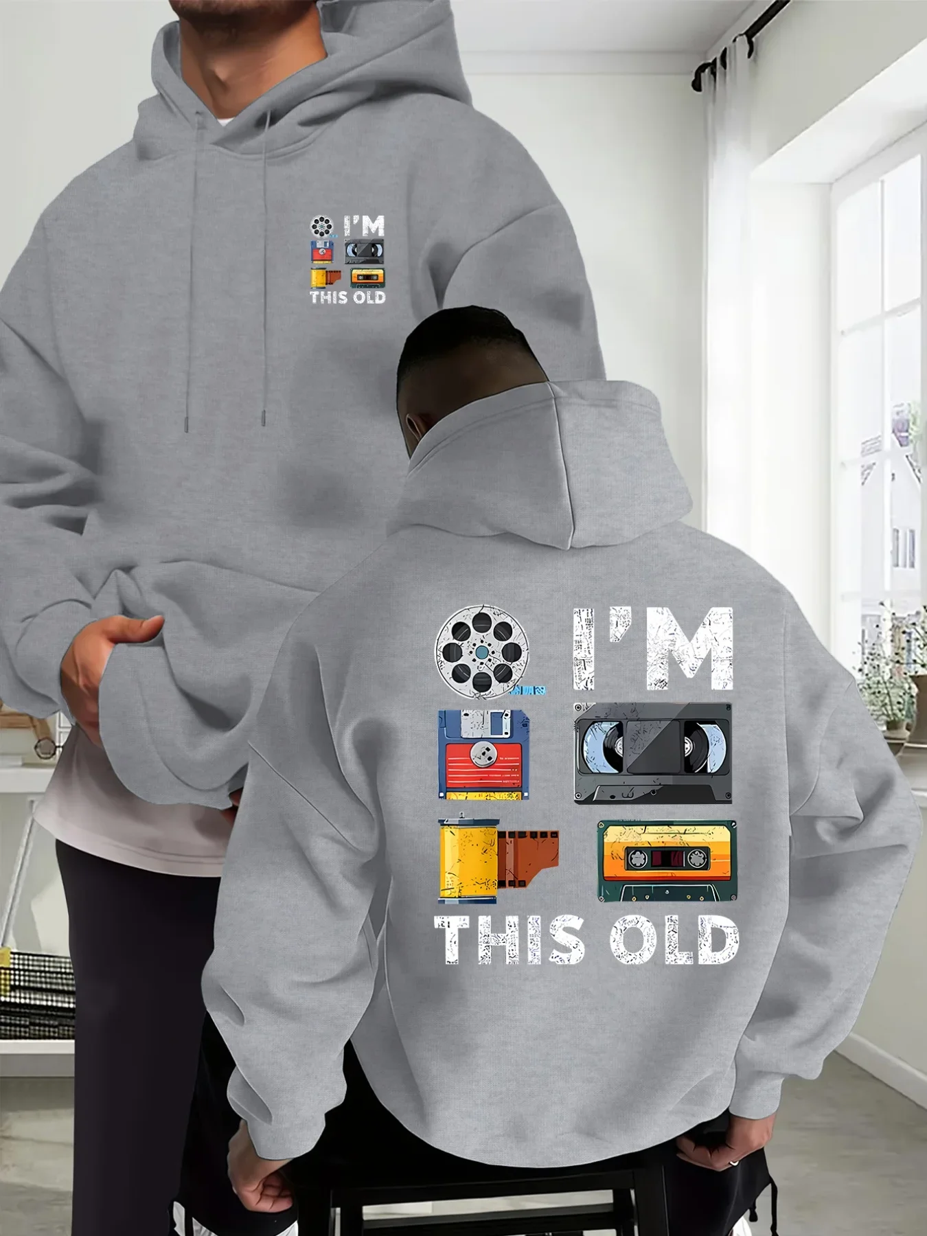 Men'S Double-Sided Print Design Hooded Sweatshirt Retro Cassette Tape Film Media Creative Pattern Casual Sweatshirt