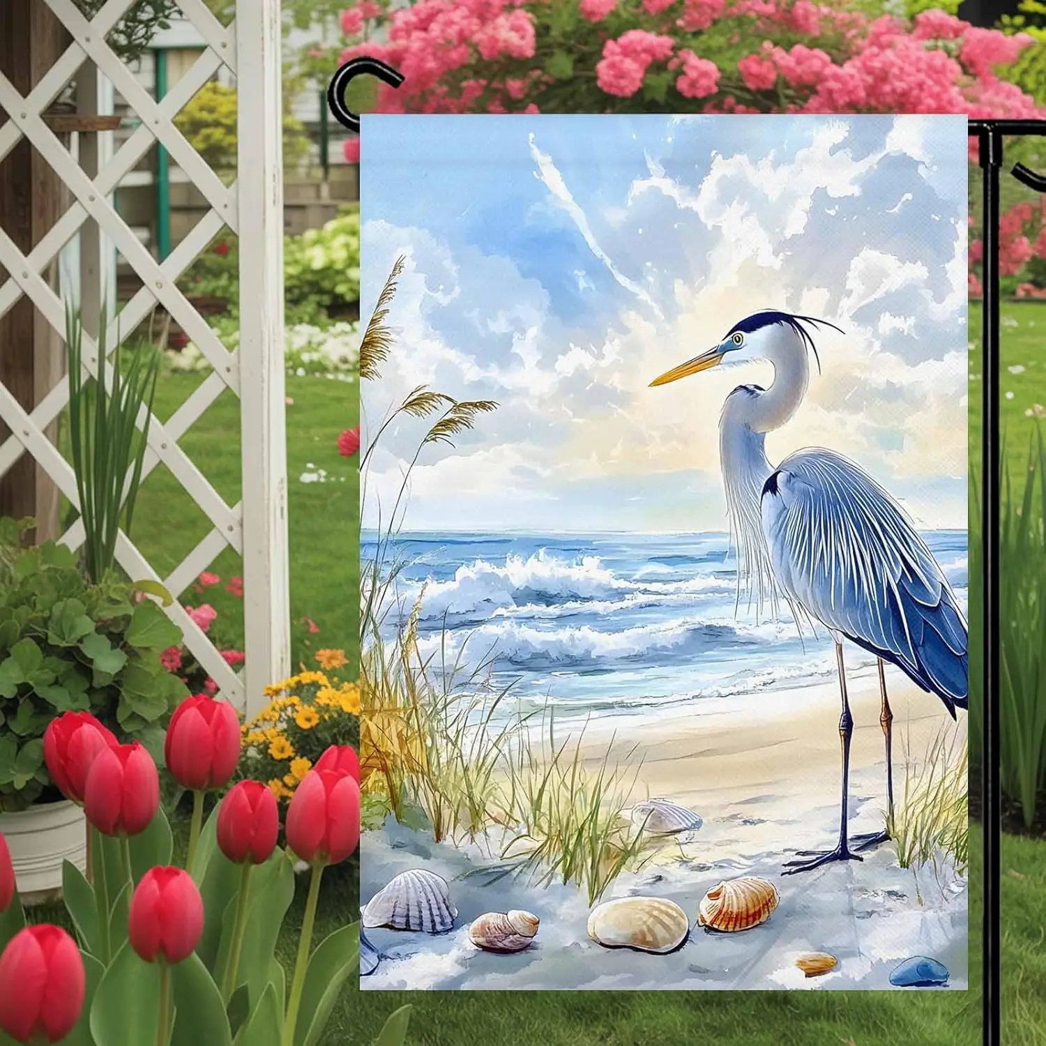 Garden Flag Blue Seabird Summer Beach Shell,Welcome House Flags for Outdoor Yard Porch, Watercolor Oil Painting Style Double MMZ